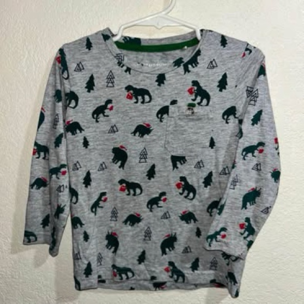 Kids Long Sleeve Gray Shirt with Dinsaur Christmas Print